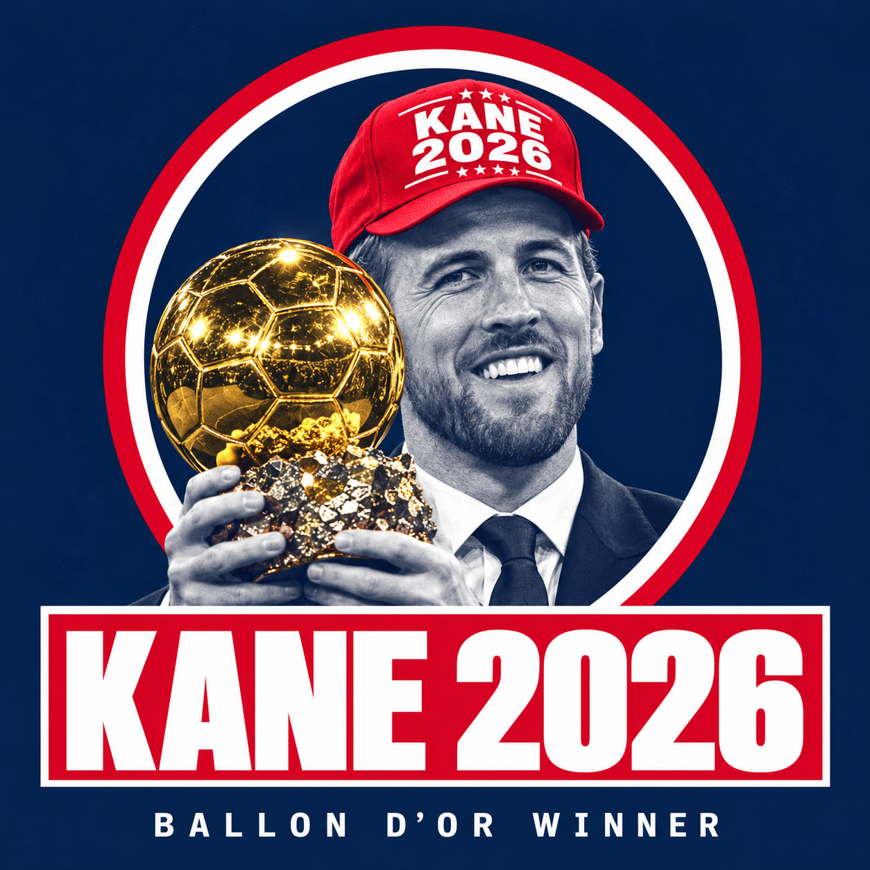 User-provided KANE 2026 fan artwork with a red cap and golden football trophy